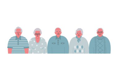 Son sınıflar. Yaşlı erkekler ve yaşlı kadınlar bir arada duruyorlar. Mavili insanlar. Vektör illüstrasyonu