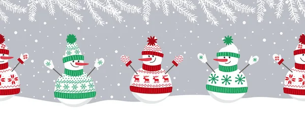 Cute Snowmen Have Fun Winter Holidays Seamless Border Christmas Background — Stock Vector