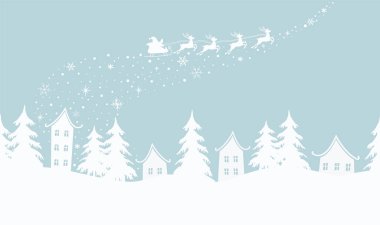 Noel arkaplanı. Kış köyü. Kusursuz sınır. Peri masalı kış manzarası. Noel Baba geyik tüyü ile gökyüzünde at sürüyor. Beyaz evler, açık mavi arka planda köknar ağaçları. Vektör