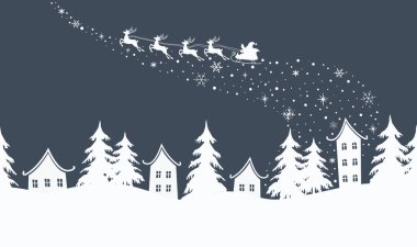 Noel arkaplanı. Kış köyü. Kusursuz sınır. Peri masalı kış manzarası. Noel Baba geyik tüyü ile gökyüzünde at sürüyor. Beyaz evler, koyu mavi arka planda köknar ağaçları. Vektör