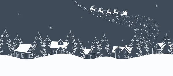 クリスマスの背景 シームレスな国境 冬の風景 サンタクロースはプルームで鹿の上を横切っています ダークブルーの背景に家や火の木の白いシルエット ベクター ストックイラスト