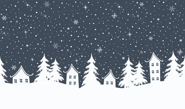 冬の背景について クリスマス村 シームレスな国境 おとぎ話の冬の風景 白い家 火の木 暗い青い背景の雪片 ベクトルイラスト ロイヤリティフリーストックベクター