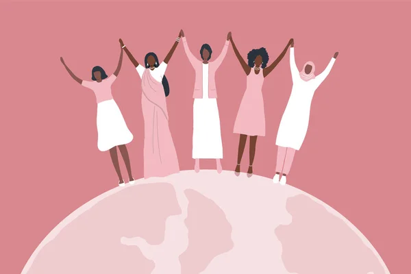 女性の多様なグループ 国際女性デーコンセプト 手を握っている女性は 世界に立っている 女性の社会 女性の連帯 異なる女性のシルエット ピンクのベクトルイラスト ベクターグラフィックス