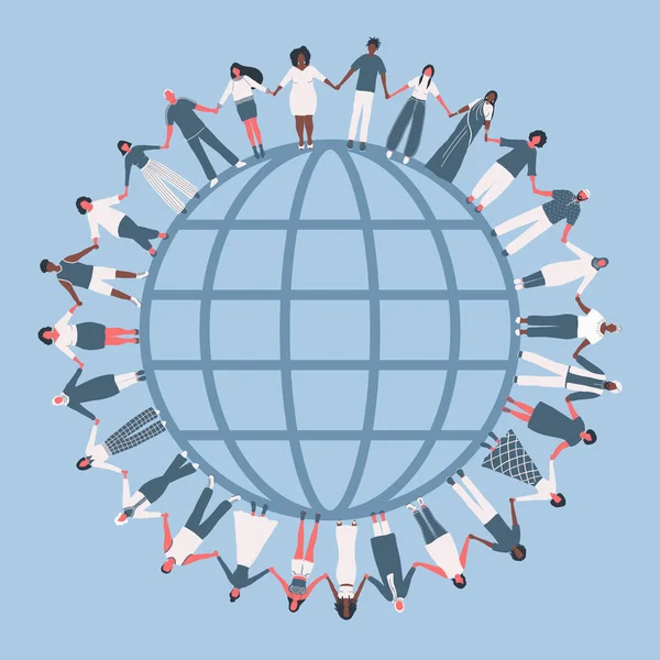 large group of people. Men and women are holding hands, stand around the globe. Multicultural group of people. Vector illustration in blue