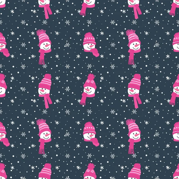 クリスマスの背景 面白い雪だるまの頭と雪だるまのシームレスな冬のパターン ダークブルーの背景のベクトルイラスト ストックベクター