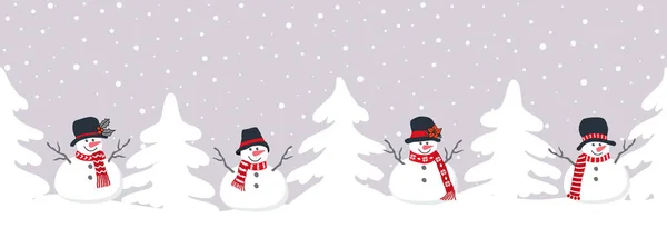 雪だるまは冬休みで楽しんでいる クリスマスの背景 シームレスな国境 黒い帽子と赤い傷でかわいい雪だるま ホワイトファイアツリー グリーティングカードのテンプレート ベクトルイラスト ロイヤリティフリーのストックイラスト
