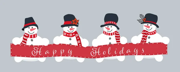 Bonhommes Neige Heureux Tenant Affiche Joyeuses Fêtes Joyeux Noël Modèle — Image vectorielle