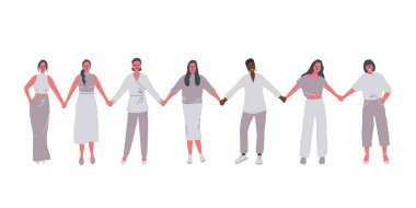 Kadınlar el ele tutuşuyor. Uluslararası Kadınlar Günü konsepti. Kadın topluluğu. Kadın dayanışması. Vektör illüstrasyonu