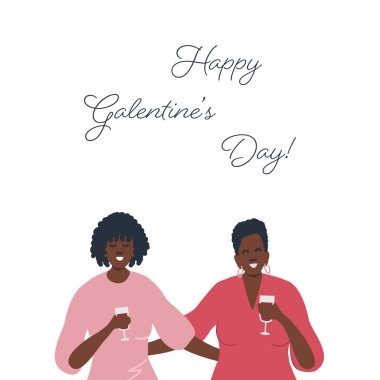 Galentine Günü. Genç siyah kadınlar sarılır ve şarap içerler. Galentine Günü 'n kutlu olsun mesajı at. Tebrik kartı şablonu. Vektör illüstrasyonu
