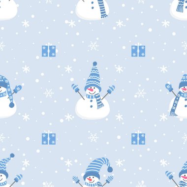 Noel arkaplanı. Tatlı kardan adamlar, hediyeler ve kar taneleriyle kusursuz bir kış düzeni. Mavi renkte vektör illüstrasyonu