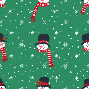Noel arkaplanı. Komik kardan adam kafaları ve kar taneleriyle kusursuz kış deseni. Yeşil arkaplanda vektör illüstrasyonu