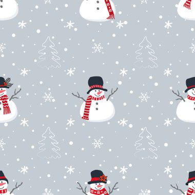 Noel arkaplanı. Komik kardan adamlar, köknar ağaçları ve kar taneleriyle kusursuz kış deseni. Gri arkaplanda vektör illüstrasyonu