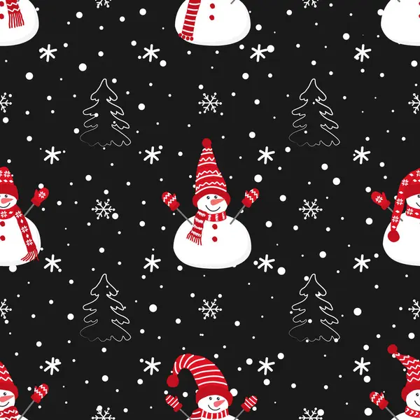 クリスマスの背景 かわいい雪だるま 火の木 雪だるまのシームレスな冬のパターン ブラックバックのベクトルイラスト ストックイラスト