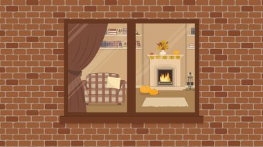 Tuğla duvardaki pencere. Sokak tarafından oturma odasının manzarası. İç kısımda sonbahar dekoru. Şömine sarı yapraklar, böğürtlenler ve balkabaklarıyla süslenmiştir..