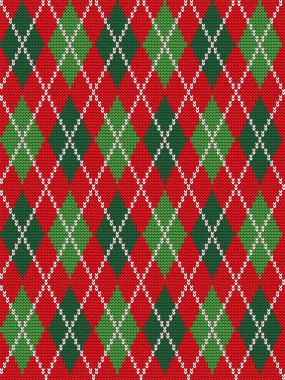 Argyle parmak izi. Noel arkaplanı. Eşkenar dörtgenlerle kusursuz örgü deseni. Kırmızı ve yeşil olarak işaretlenmiş arka plan. Vektör illüstrasyonu