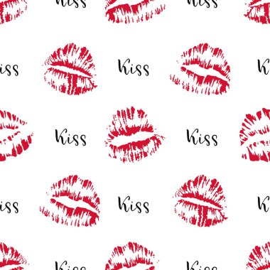 Kırmızı kadın dudakları öpücüklerini mesajla bastırır. Kusursuz desen. Göz kamaştırıcı bir geçmiş. Beyaz üzerine vektör illüstrasyonu