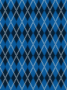Argyle yazdırma. Edikula ile Dikişsiz örgü desen. Damalı arka plan mavi, siyah ve beyaz renklerde. Vektör çizim