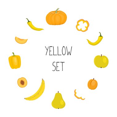 Sarı sebzeler, sarı meyveler, beyaz arka planda izole edilmiş. Balkabağı, elma, kayısı, armut, muz, biber. Sağlıklı gıda konsepti. Vektör illüstrasyonu.