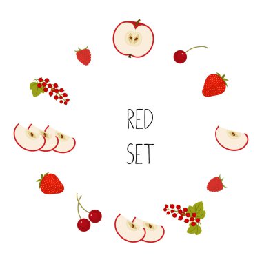 Red Fruit ve Red Berries. Hazır ol. Sağlıklı gıda konsepti. Elma, kiraz, frenk üzümü, ahududu, çilek. Vektör illüstrasyonu