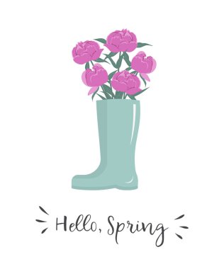Pink peonies in blue gray rain boot. Beautiful spring flowers. Hello Spring concept. Floral composition. Vector illustration on white