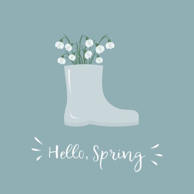 Snowdrops in gray rain boot. White spring flowers. Hello Spring concept. Floral composition. First spring flowers. Vector illustration on blue