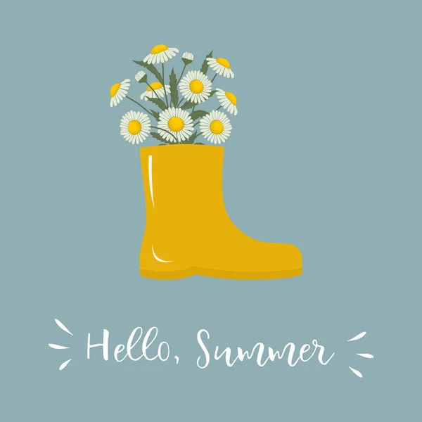 Daisy flowers in yellow rain boot. Hello Summer concept. White flowers with leaves. Summer flowers. Floral composition. Vector illustration on blue background