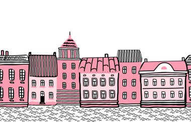 Pembe şehir. Evlerle sınırsız sınırlar. Eski kasaba geçmişi. Resimdeki pembe evler. Vektör illüstrasyonu