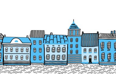 Mavi şehir. Evlerle sınırsız sınırlar. Eski kasaba geçmişi. Resimdeki mavi evler. Vektör illüstrasyonu