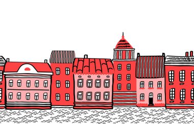 Kızıl şehir. Evlerle sınırsız sınırlar. Eski kasaba geçmişi. Resimdeki kırmızı evler. Vektör illüstrasyonu