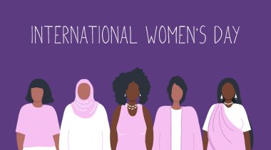 Kadınlar bir arada durur. Uluslararası Kadınlar Günü konsepti. Kadın topluluğu. Kadın dayanışması. Çeşitli kadın grupları. Mor, pembe renkte vektör illüstrasyonu