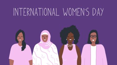 Kadınlar bir arada durur. Uluslararası Kadınlar Günü konsepti. Kadın topluluğu. Kadın dayanışması. Çeşitli kadın grupları. Mor, pembe renkte vektör illüstrasyonu