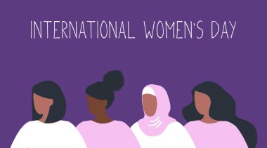 Profilde kadın siluetleri var. Kadınlar bir arada durur. Uluslararası Kadınlar Günü konsepti. Kadın topluluğu. Kadın dayanışması. Çeşitli kadın grupları. Mor, pembe renkte vektör illüstrasyonu