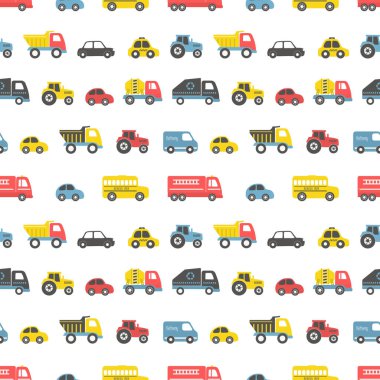 Oyuncaklar Kusursuz Şablon. Farklı oyuncak arabalar: itfaiye arabası, kamyon, taksi, otobüs, beton karıştırıcı kamyon, çöp kamyonu, teslimat kamyonu, traktör. Erkek bebekler için oyuncaklar. Beyaz üzerine vektör illüstrasyonu