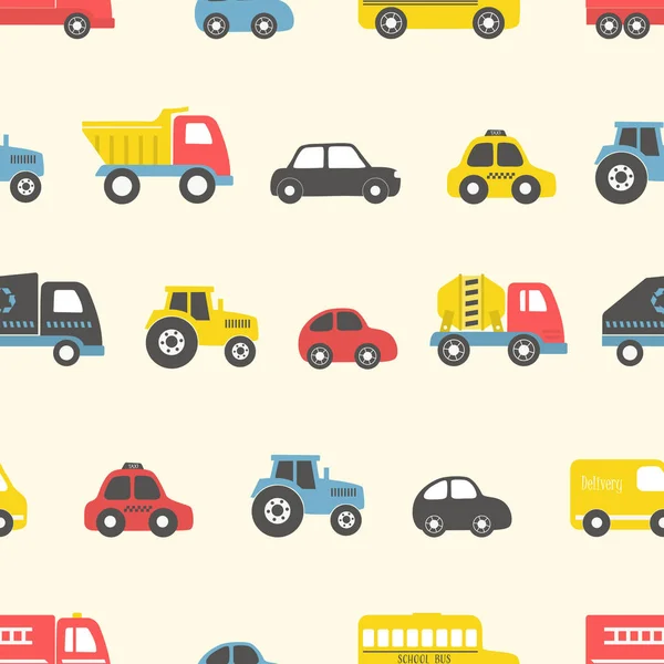 トイカーシームレスパターン 異なる玩具車 消防車 トラック タクシー コンクリートミキサートラック ゴミトラック 配送トラック トラクター 赤ちゃんのための玩具 ロイヤリティフリーストックベクター