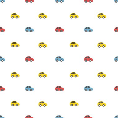 Oyuncak Arabalı Kusursuz Desen. Çok renkli oyuncak arabalar. Çocuklar için Kırmızı, Mavi, Sarı Oyuncak Arabalar. Beyaz üzerine vektör illüstrasyonu