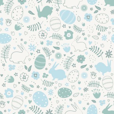 Paskalya Tavşanları, Yumurtalar, çiçekler, kalpler, yapraklar. Mutlu Paskalya Soyut Tasarımı. Bej arkaplanda vektör illüstrasyonu