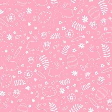 Paskalya Tavşanları, Yumurtalar, çiçekler, havuçlar. Mutlu Paskalya Soyut Tasarımı. Pembe arkaplanda vektör illüstrasyonu