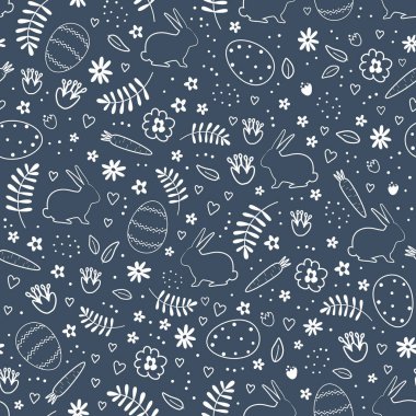 Paskalya Tavşanları, Yumurtalar, çiçekler, havuçlar. Mutlu Paskalya Soyut Tasarımı. Koyu mavi arkaplanda vektör illüstrasyonu