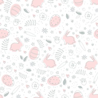 Paskalya Tavşanları, Yumurtalar, çiçekler, havuçlar. Kusursuz Şablon. Mutlu Paskalya Soyut Tasarımı. Vektör illüstrasyonu