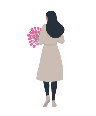 Elinde bahar çiçekleri olan tatlı bir kadın. Bir buket pembe laleli genç bir kadın. Arkadan bak. Vektör illüstrasyonu