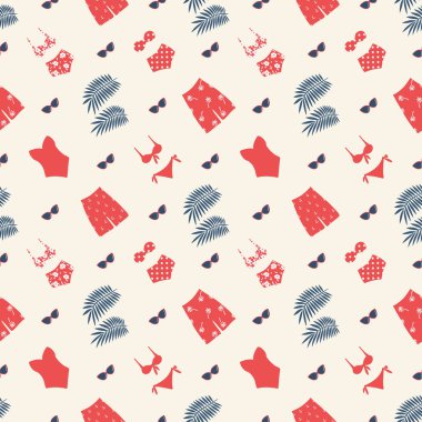 Yaz baskısı. Kırmızı mayo, mayo, güneş gözlüğü, mavi tropikal yapraklı kusursuz desen. Bej arkaplanda vektör illüstrasyonu