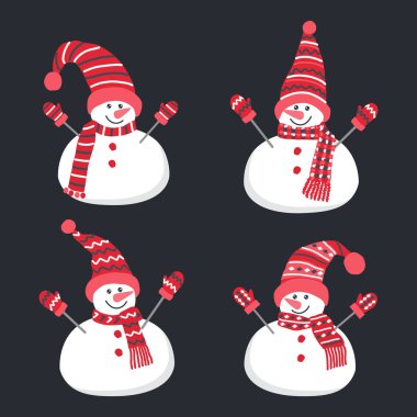 Sevimli kardan adamlar. Hazır ol. Güzel kırmızı kış kıyafetleri içinde dört farklı kardan adam. Tebrik kartı şablonu. Vektör illüstrasyonu