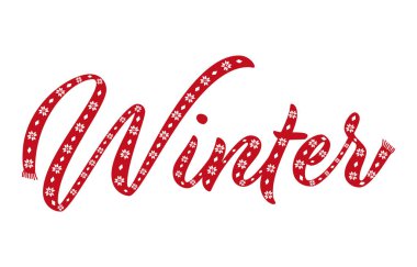 Kış yazı şeklinde kırmızı eşarp. Geleneksel desenli Noel eşarbı. Merhaba kış konsepti. Tebrik kartı şablonu. İyi tatiller. Beyaz üzerine vektör illüstrasyonu