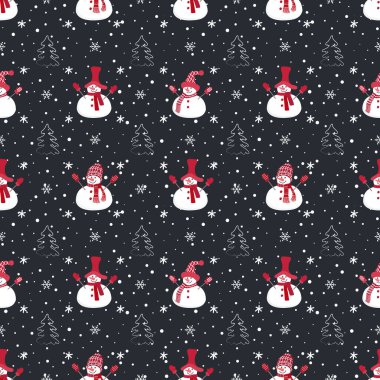 Noel arkaplanı. Tatlı kardan adamlar, köknar ağaçları ve kar taneleriyle kusursuz kış deseni. Koyu mavi arkaplanda vektör illüstrasyonu