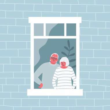 Birkaç yaşlı insan açık pencerede duruyor. Kıdemli kadın ve kıdemli adam evlerinden dışarı bakıyorlar. Sokak tarafından bir bak. Düz stil. Vektör illüstrasyonu