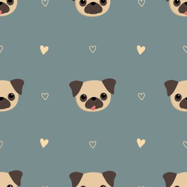 Köpekli kusursuz desen. Pug heads ile sevimli bir arka plan. Hediye paketleme, döşeme kumaş arka planlar. Web sitesi için örnek. Gri mavi üzerine vektör illüstrasyonu