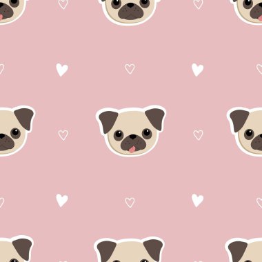 Şirin köpekleri olan kusursuz bir desen. Pug suratlı bir arka plan. Hediye paketleme, döşeme kumaş arka planlar. Web sitesi için örnek. Pembe üzerine vektör illüstrasyonu