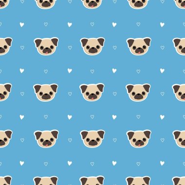 Şirin köpekleri olan kusursuz bir desen. Boğa kafalılarla dolu bir geçmiş. Hediye paketleme, döşeme kumaş arka planlar. Web sitesi için örnek. Mavi üzerine vektör illüstrasyonu