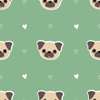 Şirin köpekleri olan kusursuz bir desen. Boğa kafalılarla dolu bir geçmiş. Hediye paketleme, döşeme kumaş arka planı. Web sitesi için örnek. Yeşilde Vektör illüstrasyonu