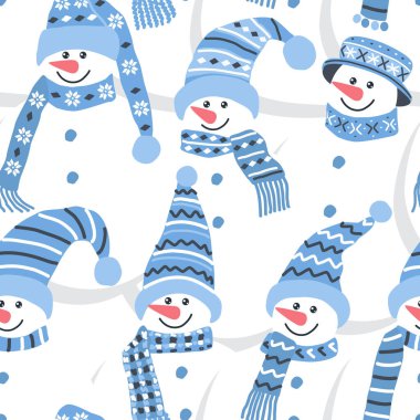 Kardan adamların kusursuz bir geçmişi var. Mavi kış şapkalı ve eşarplı sevimli kardan adamlar. Kış Düzeni. Noel arkaplanı. Kalabalık. Vektör illüstrasyonu.